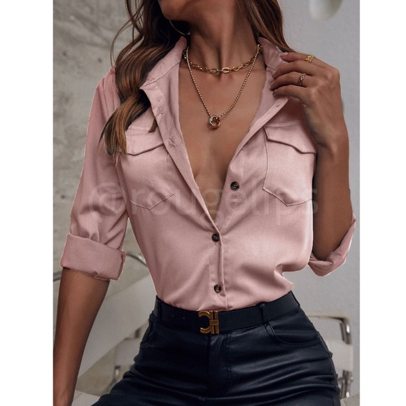 Pink Casual Button Up / Down Shirt Collar, V-Neck Button Front Long Sleeve - Picture 2 of 6